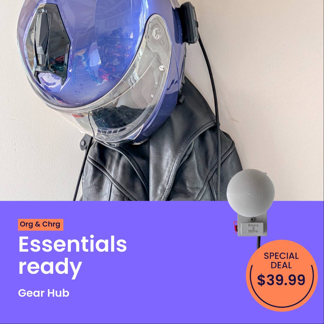 TorqueHook™ – Helmet & Gear Wall Organizer with Built-In USB-C Charging Port